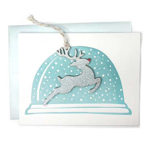Letterpress Snow Globe Card with Glittery Rudolph Ornament