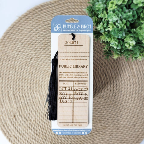 Vintage library card wood bookmark
