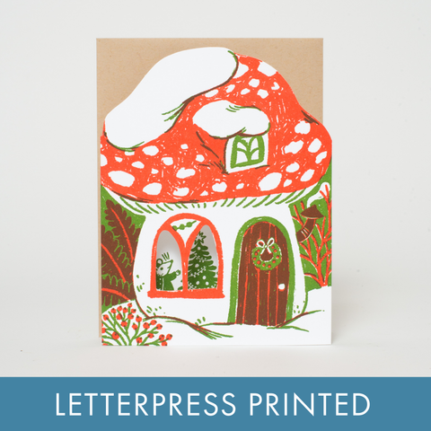 Merry Mushroom House Letterpress Holiday Greeting Card by Phoebe Wahl: Box set