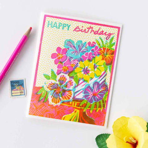 Happy Birthday Floral Cake Letterpress Card
