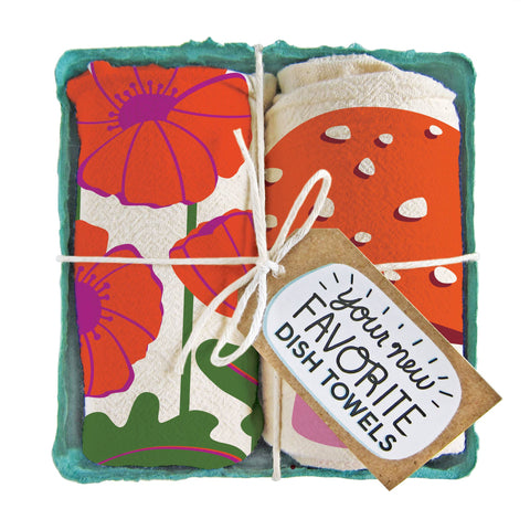 Mushroom & Poppies- Tea Towel Set of 2