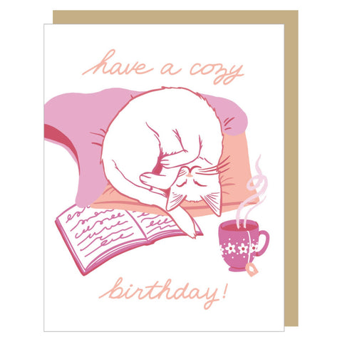 Cozy White Cat Birthday Card