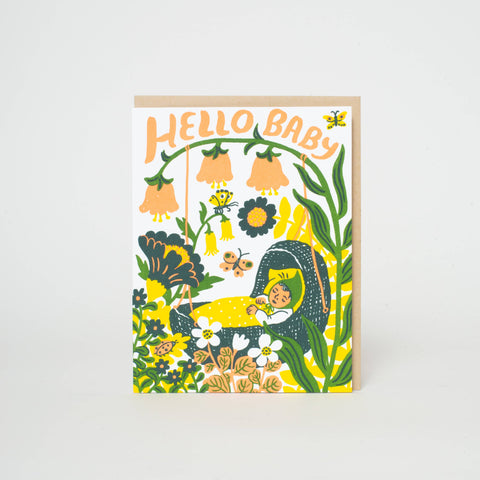 Hello Baby Bassinet (Yellow) Letterpress Greeting Card by Phoebe Wahl