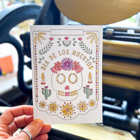 Letterpress and watercolor Day of the Dead cards.